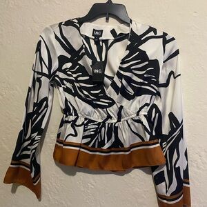 INC International Concepts Women's Black and White Blouse with Brown Accents
